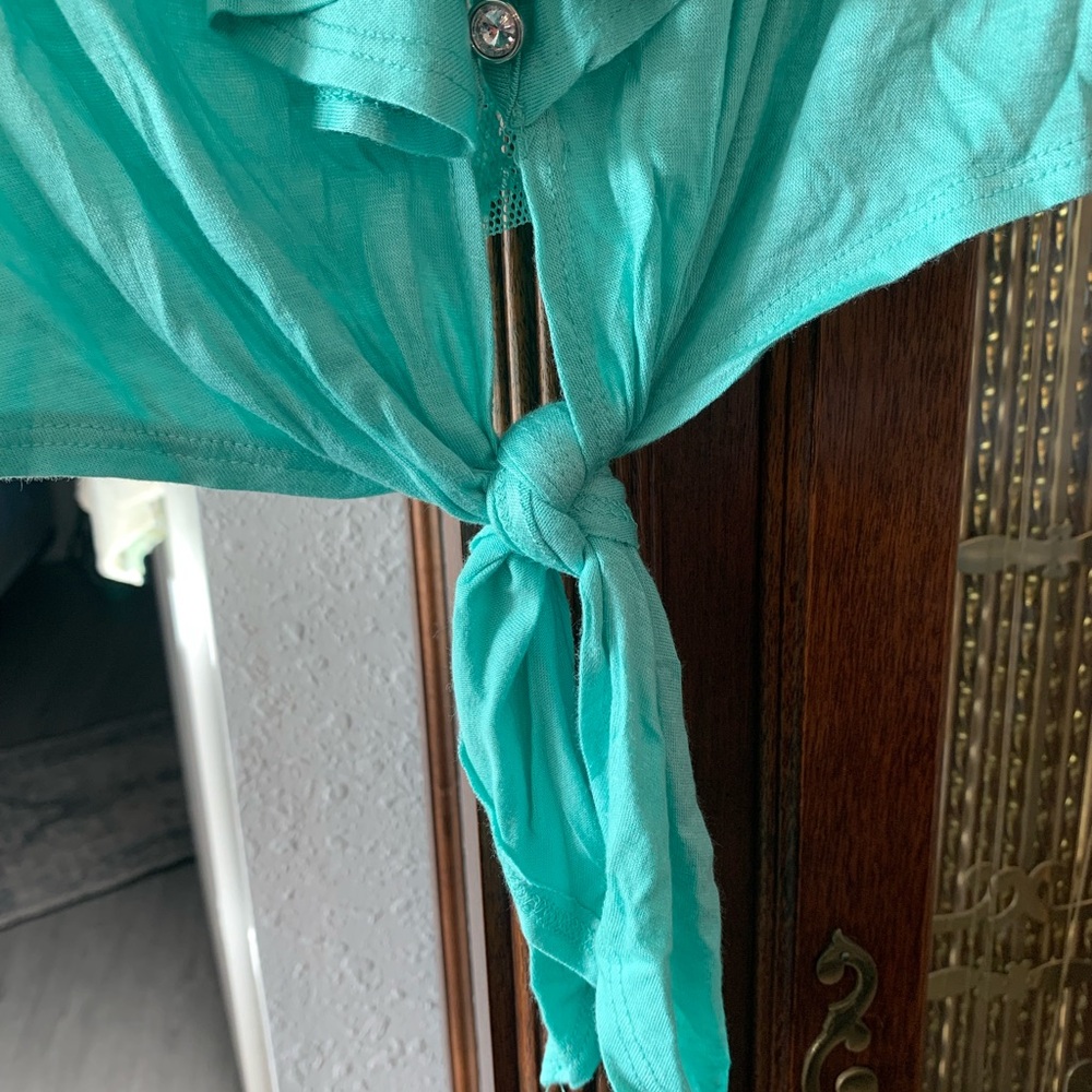 Aqua Ruffle Front Women’s Top - Picture 5 of 5